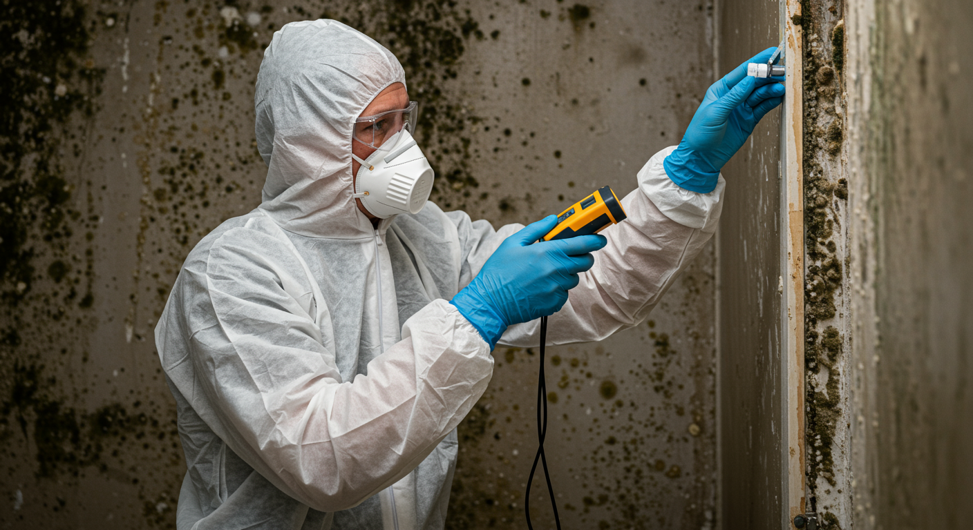 A professional mold remediation technician in protective gear inspecting a wall with visible mold growth. The technician is using a moisture meter, highlighting the assessment phase of the remediation process.