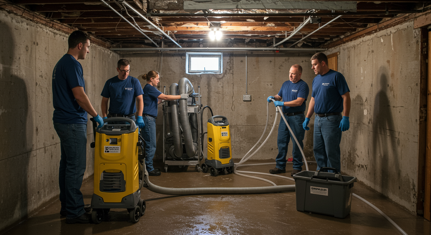 A team of water damage restoration experts is working together to set up drying equipment in a basement affected by flooding. The image captures teamwork and efficiency in a challenging situation.