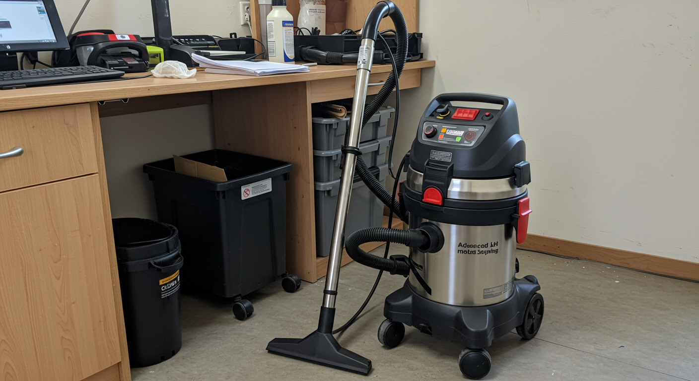 A high-quality image of advanced mold vacuuming equipment set up in a home environment.
