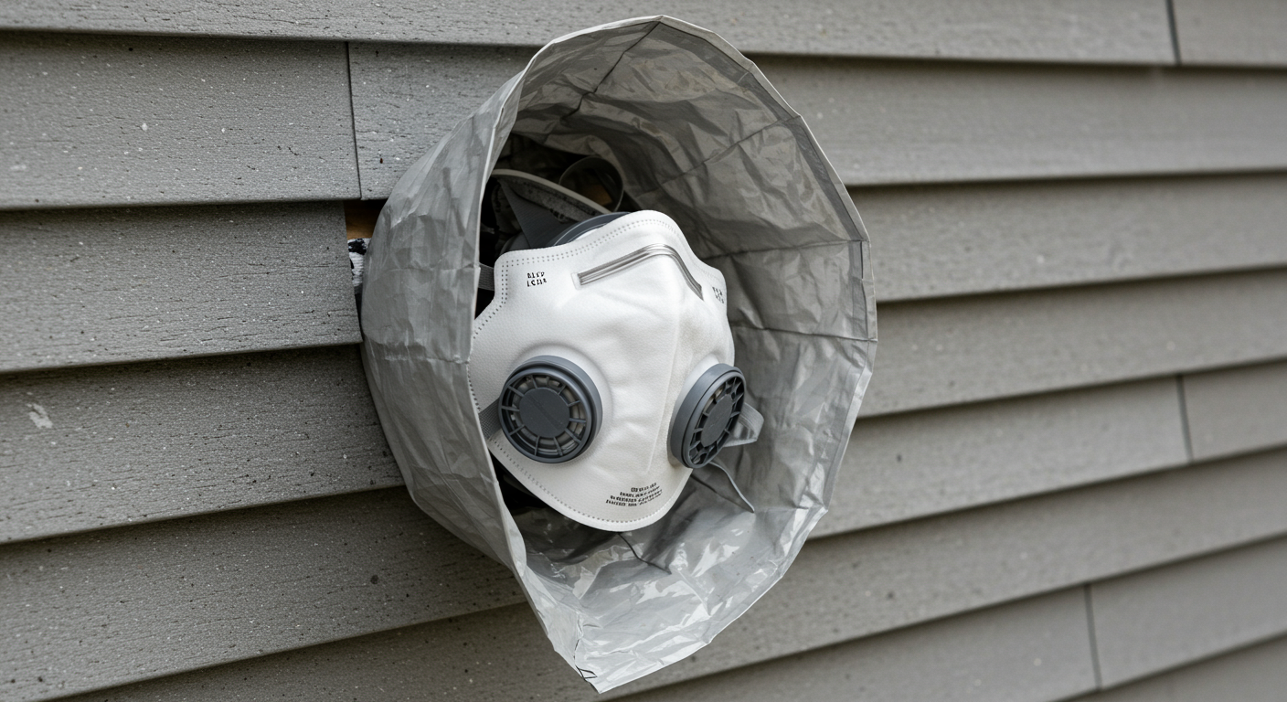 A detailed view of safety equipment used during asbestos siding repair, including gloves, masks, and containment bags. The image highlights the importance of safety precautions in handling asbestos materials.
