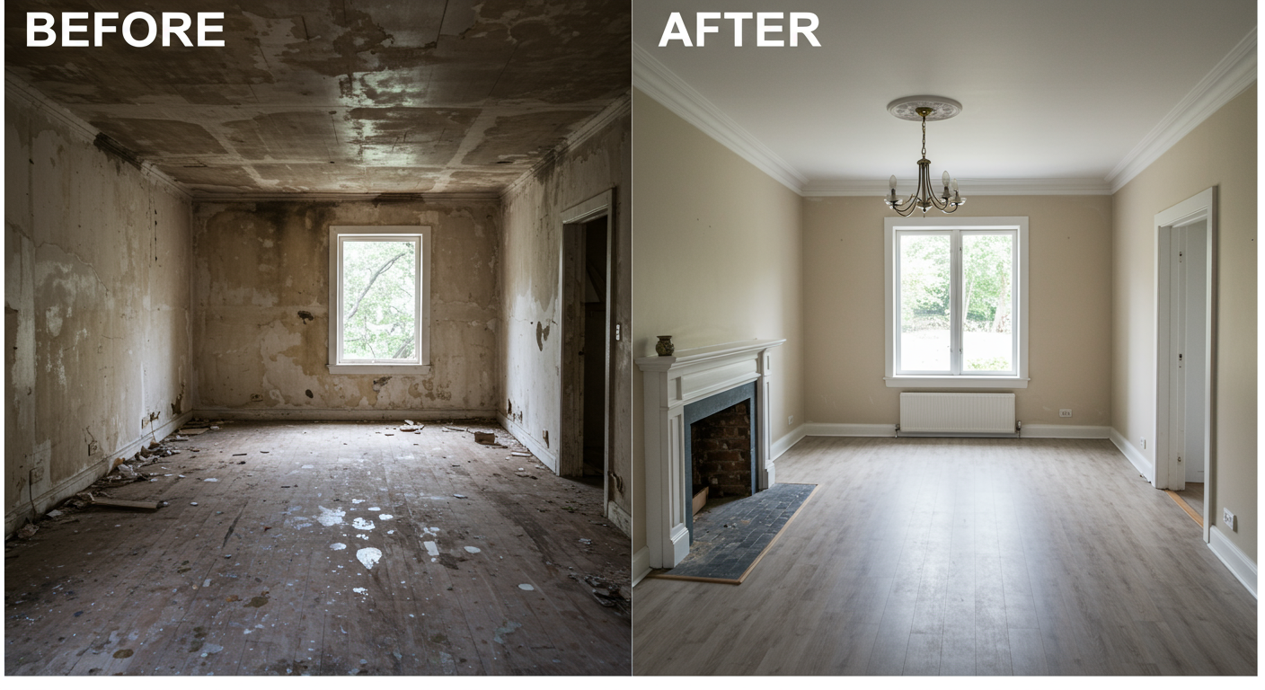 A before-and-after comparison of a water-damaged room that has been fully restored, showcasing the transformation.