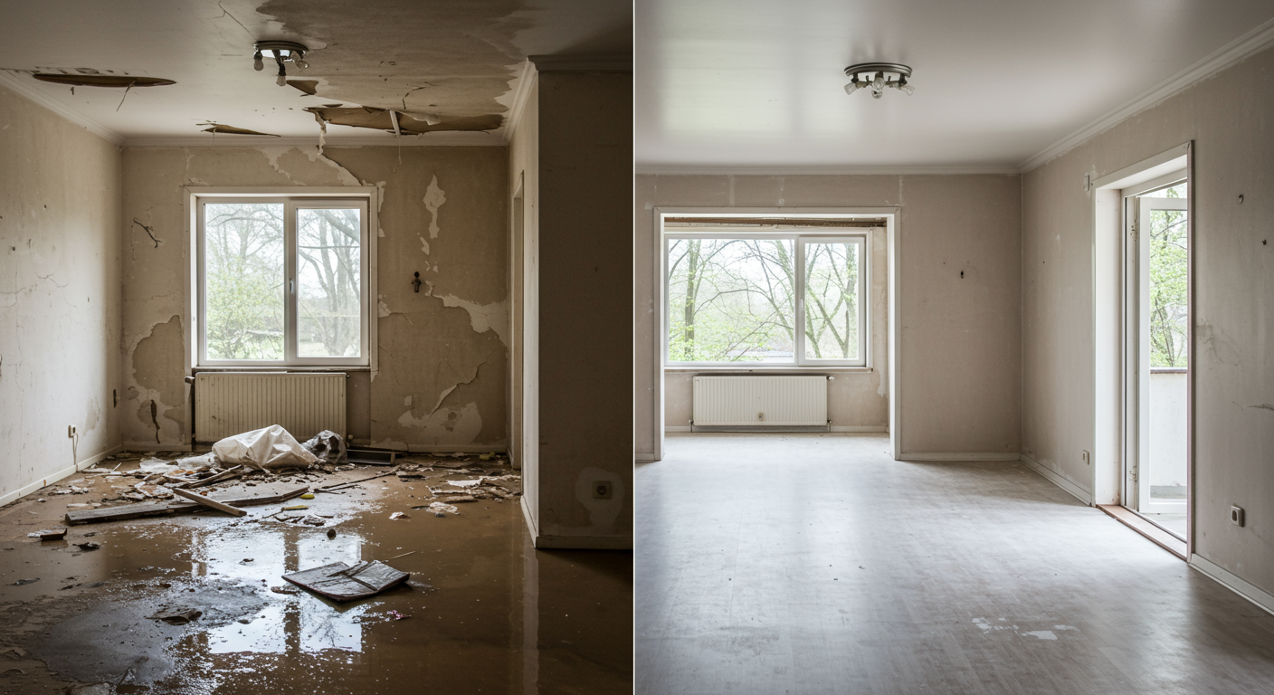 A split image showing a room before and after flood restoration. The left side depicts water damage and debris, while the right side shows a clean, restored space, highlighting the effectiveness of the cleanup efforts.