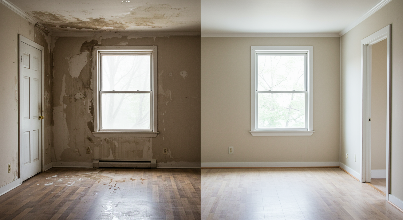 A split image showing a room before mold remediation (damp and discolored) and after (clean and restored). This visual transformation emphasizes the effectiveness of the remediation process.