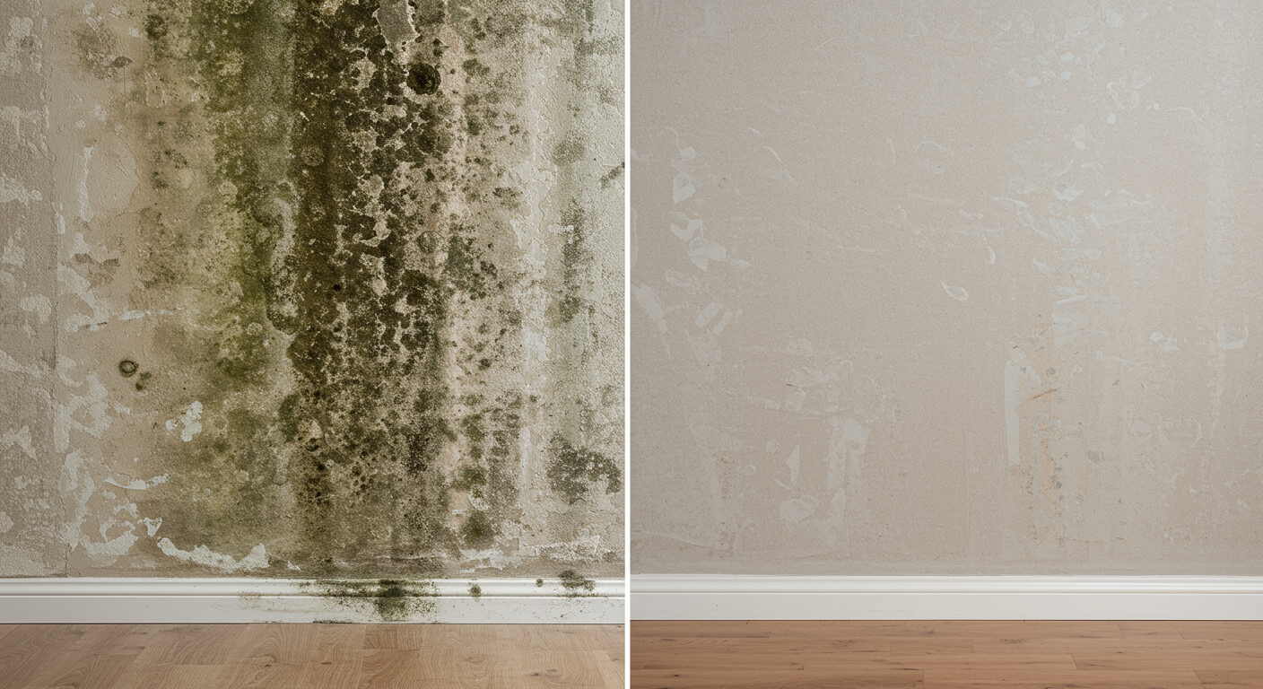 A split image showing a wall covered in mold on one side and the same wall completely clean and restored on the other side. This visual emphasizes the effectiveness of professional mold removal services.