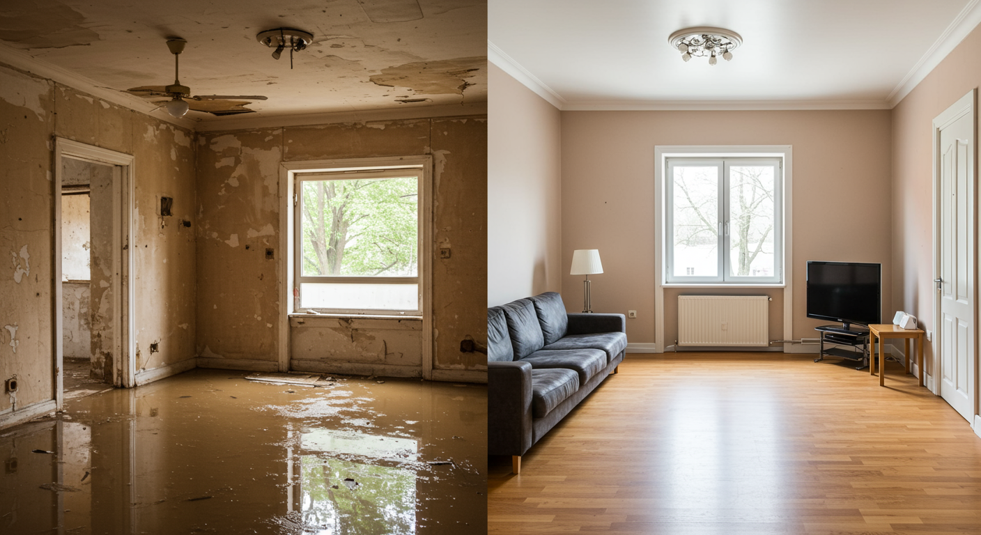 A split image showing a flooded room on one side and the restored room on the other. The transformation highlights the effectiveness of restoration services, showcasing a clean and dry living space.