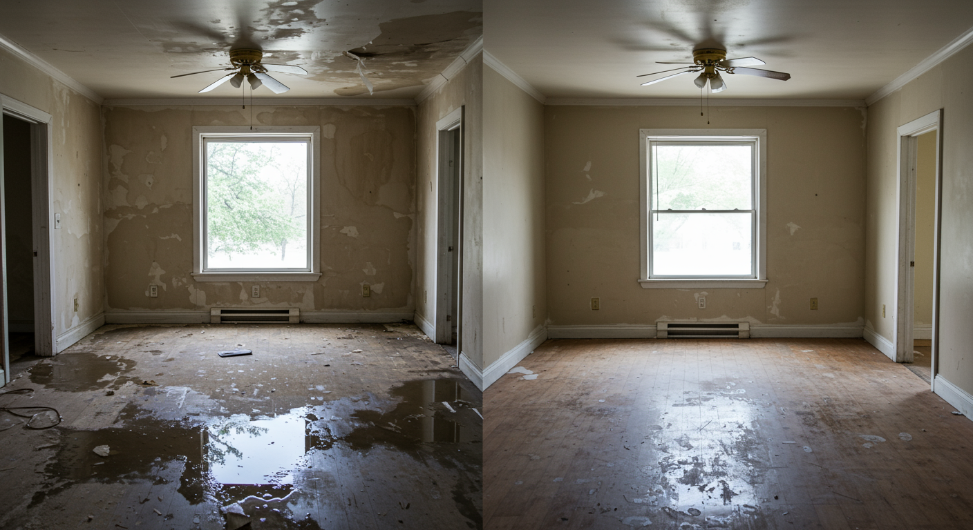 A before-and-after comparison of a water-damaged room being restored, showing the transformation from chaos to a clean, dry space. This emphasizes the effectiveness of restoration services.