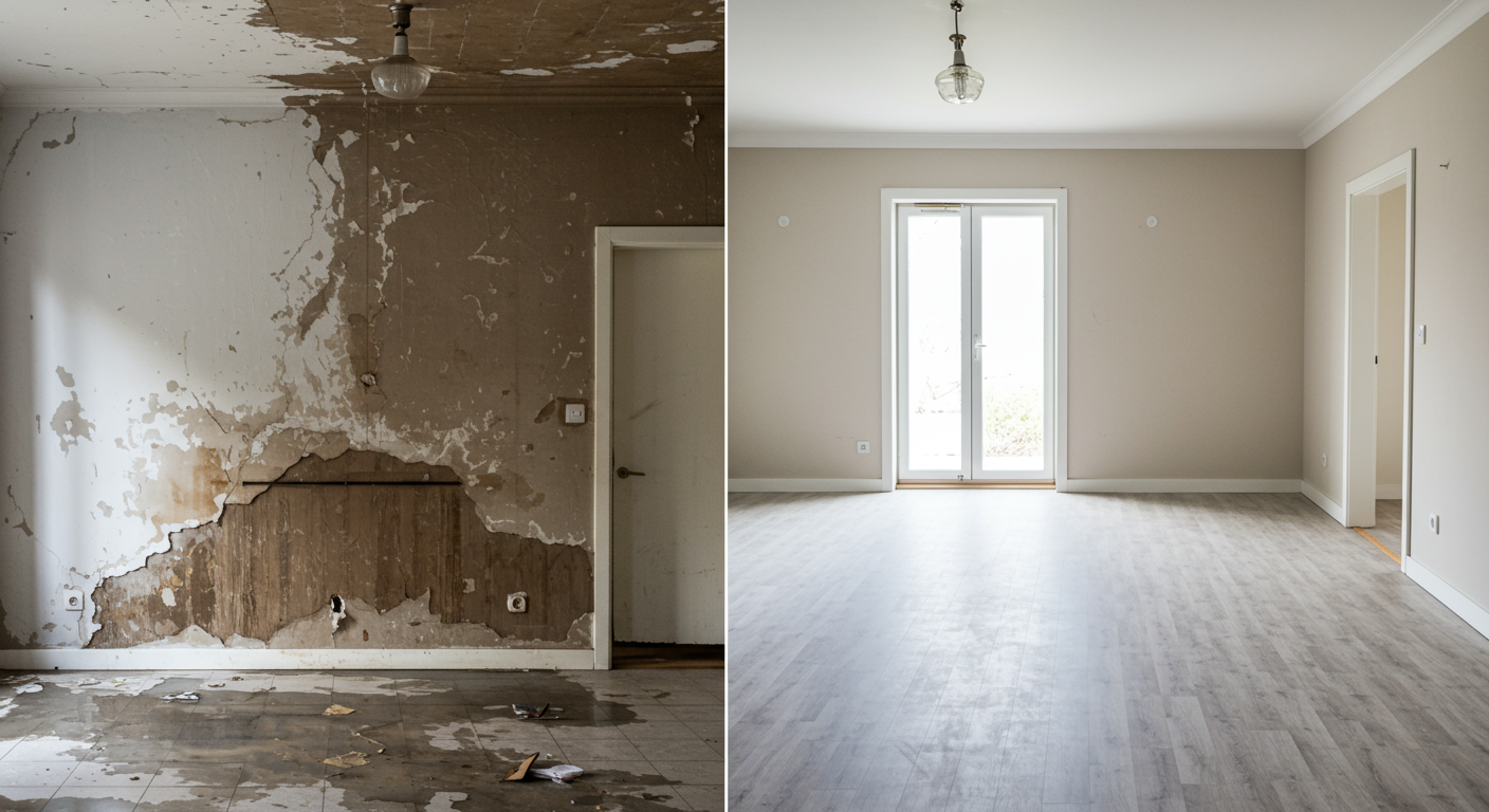 Before and After Restoration: A split image showing a room before and after water damage restoration. The left side depicts water damage, while the right side shows a fully restored and dry space.