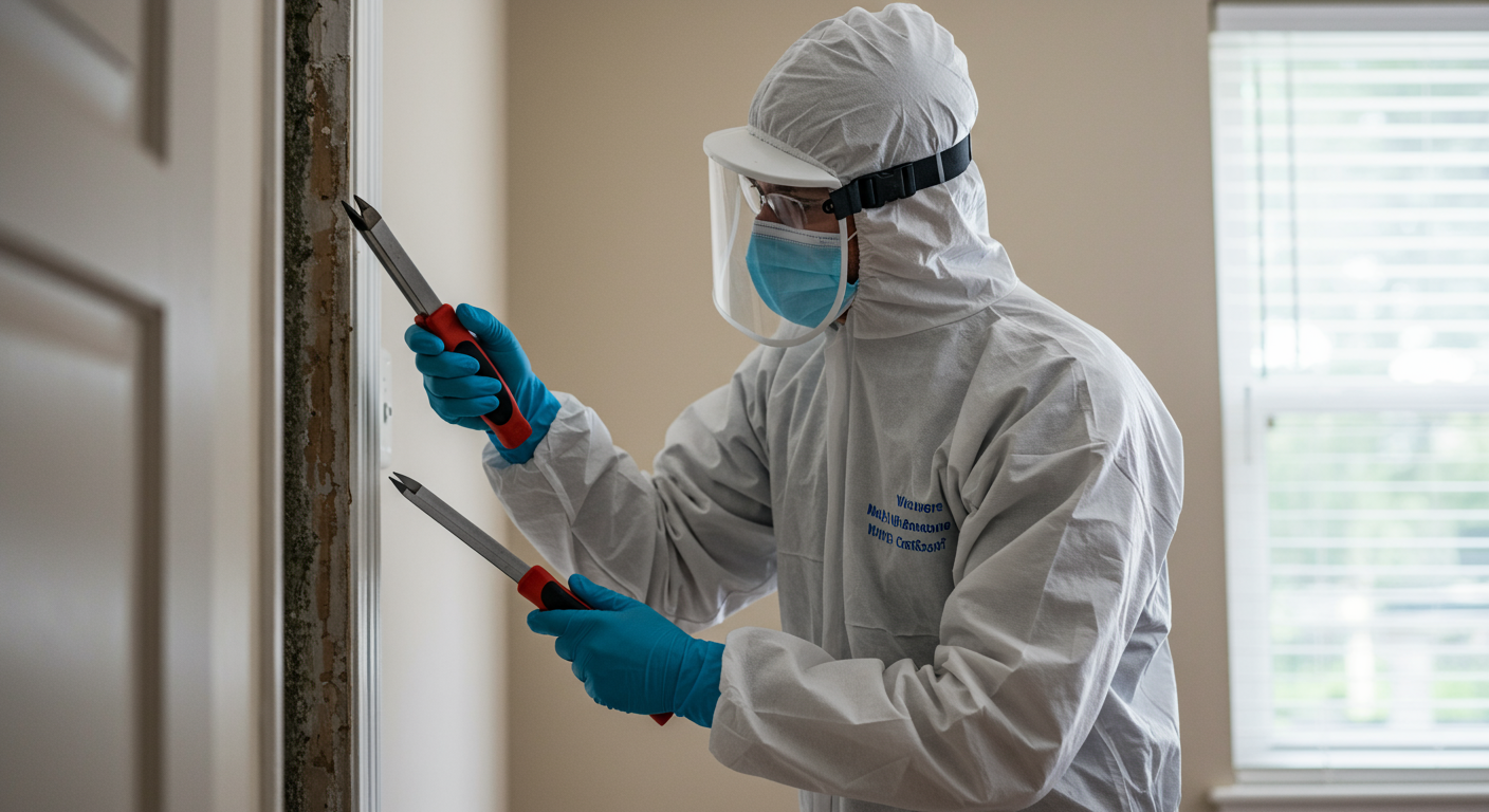 A certified mold removal professional in full protective gear, carefully inspecting a mold-affected area with tools in hand.