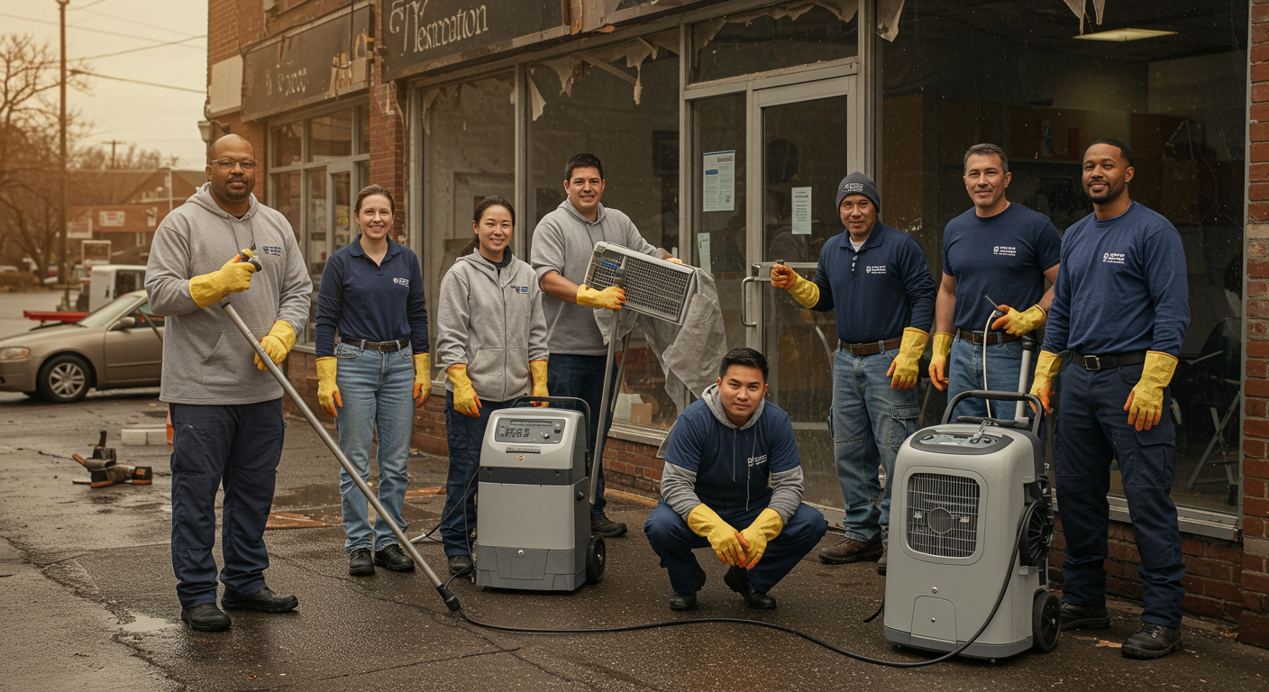 A group of restoration professionals volunteering in the community, helping to restore a local business affected by water damage.