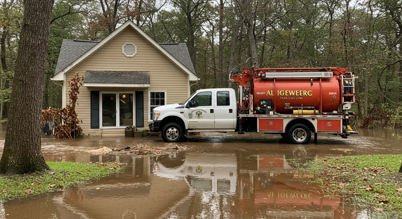 An exterior view of a house with floodwaters surrounding it, while a flood cleanup truck is parked outside. The truck has visible equipment ready for emergency response.