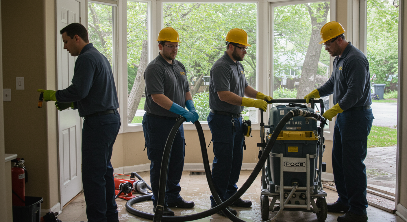 A team of professionals in uniforms actively working to mitigate water damage in a residential home. They are using specialized equipment to extract water and assess damage.