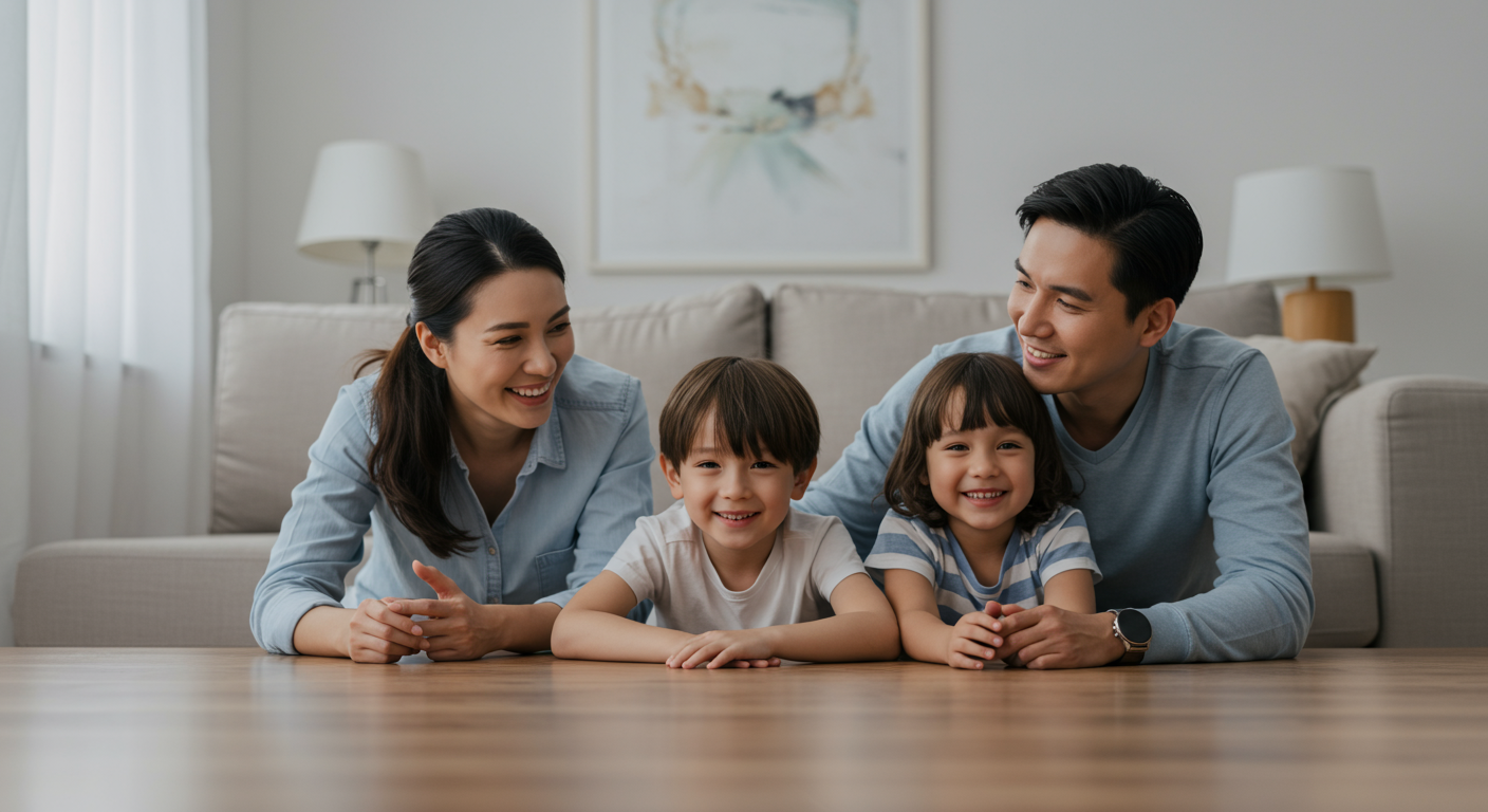 A serene home environment post-mold remediation, featuring a family happily enjoying their clean living space. The image conveys a sense of relief and safety after professional mold removal services.