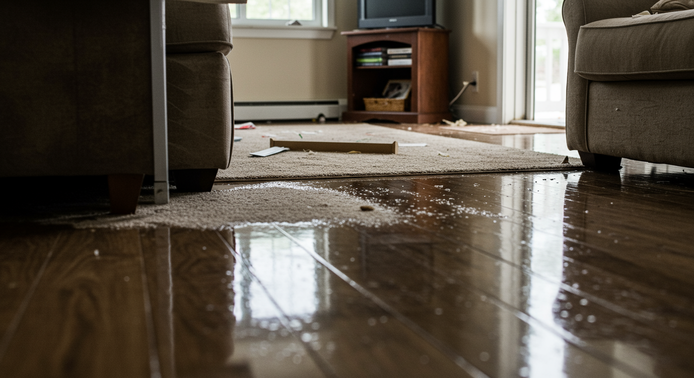 A close-up of a flooded living room with water pooling on the floor, showing damaged furniture and soaked carpets. The scene conveys urgency and the need for immediate action.