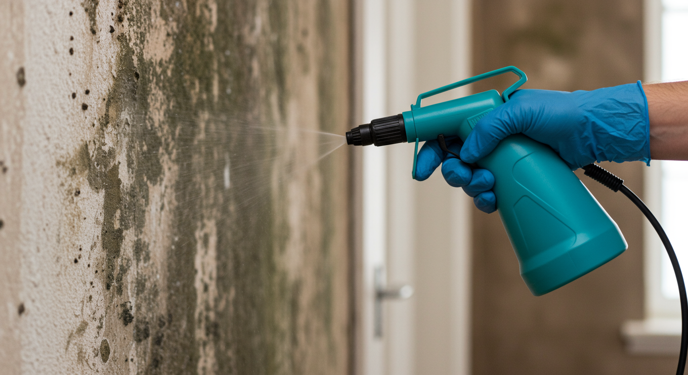 A close-up shot of a homeowner using a mold removal spray on a wall, with visible mold patches in the background.
