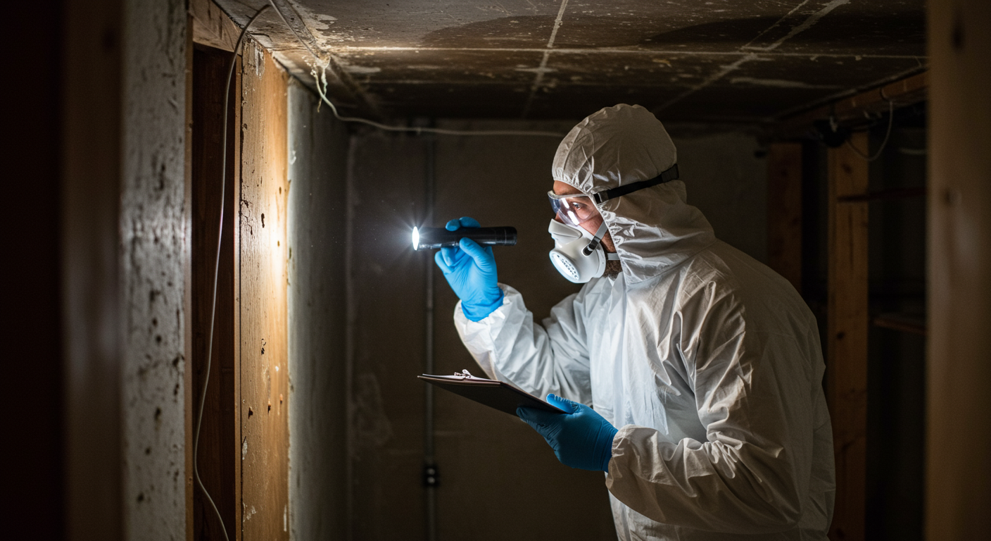 A professional mold inspector in protective gear examining a damp corner of a basement with a flashlight.