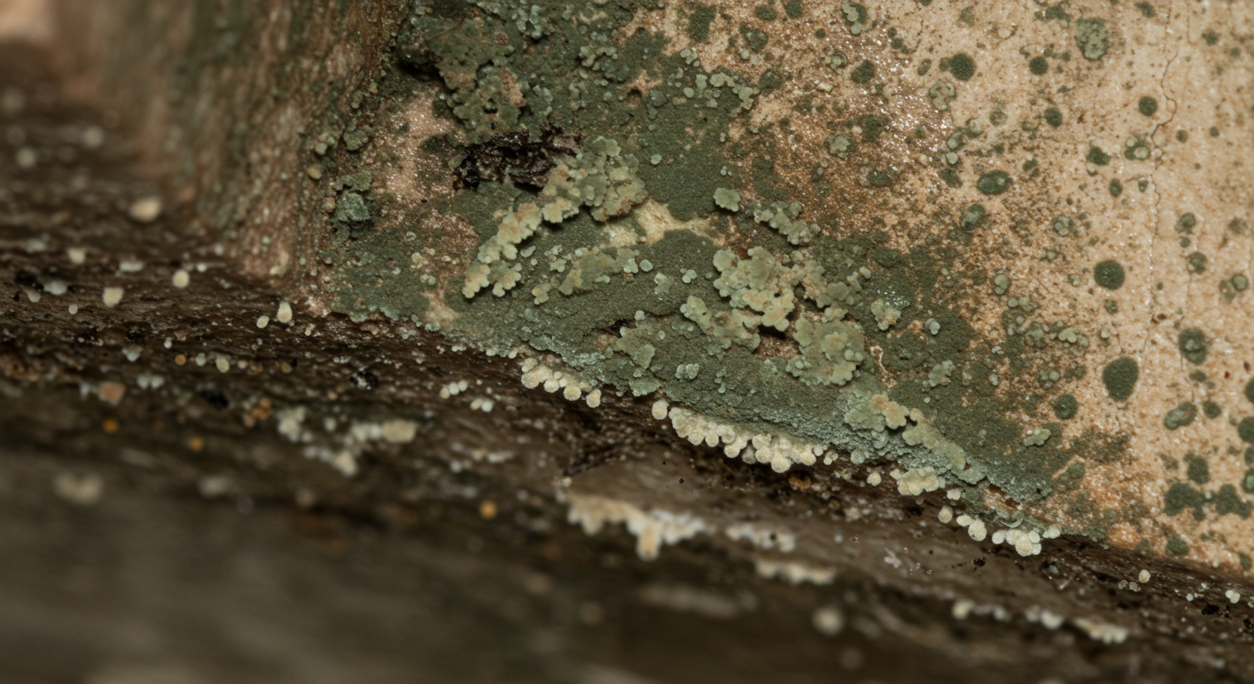 A close-up view of mold growing on a wall in a home setting, showcasing the texture and color variations of the mold. The surrounding area should appear slightly dim to emphasize the mold's presence.