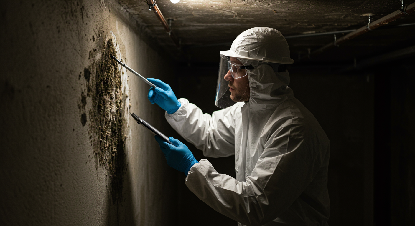 A professional wearing protective gear inspecting a wall for black mold in a dimly lit basement.