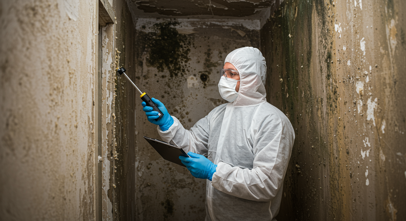 A professional mold remediation technician in protective gear is inspecting a water-damaged wall, with visible mold growth. The technician is using a moisture meter to assess the damage.