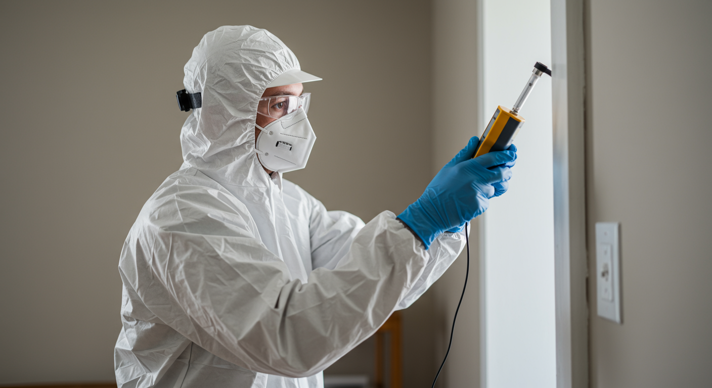 A professional mold inspector in protective gear examining a wall with a moisture meter, showcasing the process of mold testing in a residential setting.