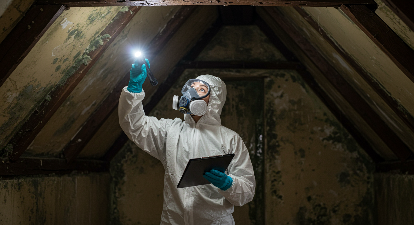 A mold inspector in protective gear examining a residential property, using a flashlight to inspect corners and ceilings for mold growth.