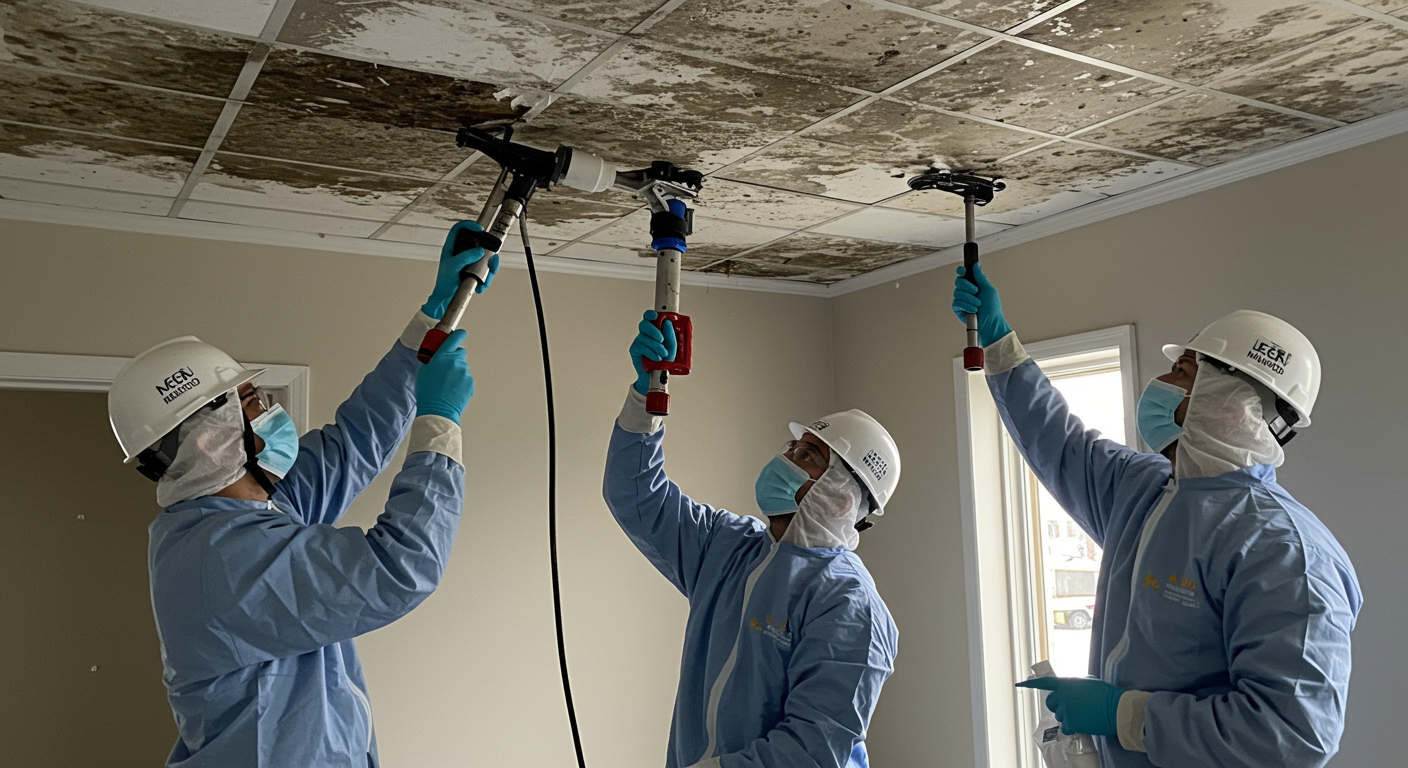 A team of mold remediation specialists working together to remove mold from a ceiling. They are using professional equipment, showcasing teamwork and expertise in the remediation process.