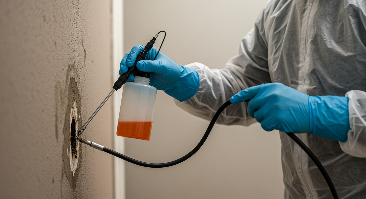 A close-up shot of a mold remediation technician applying a mold treatment solution on affected areas in a home. The technician is focused and methodical in their approach.