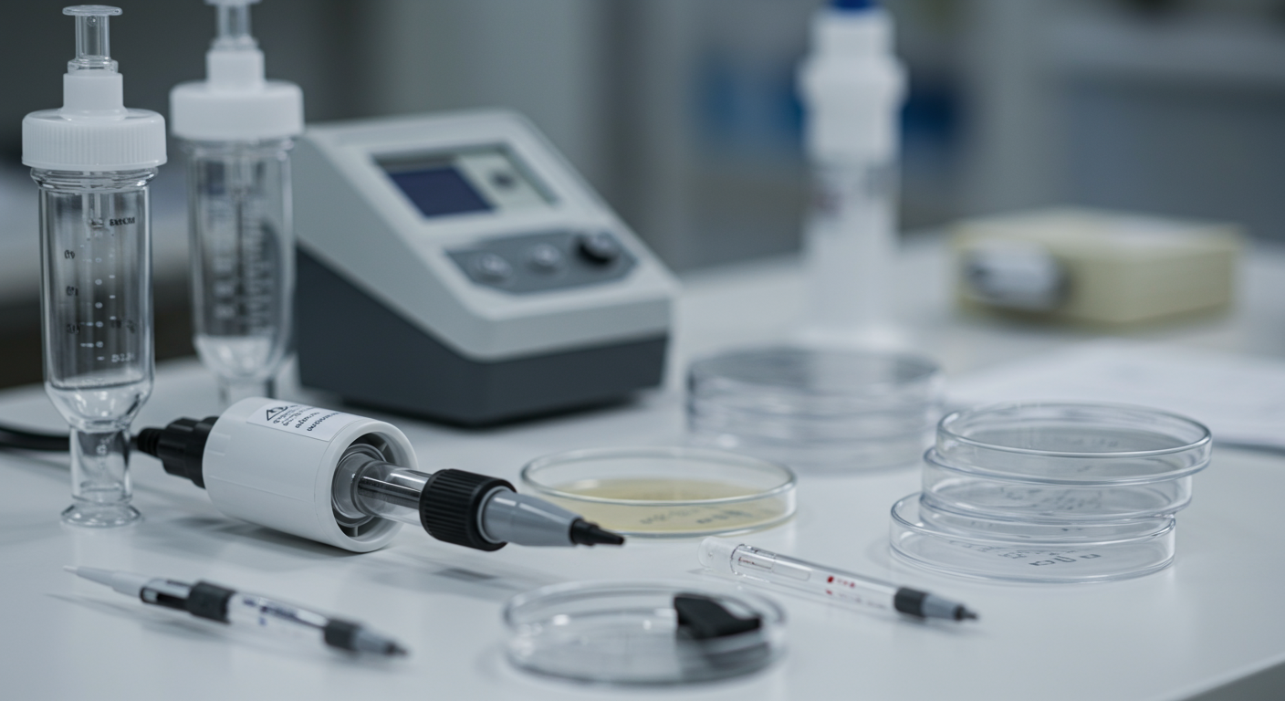 A close-up shot of advanced mold testing equipment laid out on a clean surface, including air sampling pumps and petri dishes. The background is softly blurred to emphasize the tools, suggesting precision and professionalism in mold inspection.