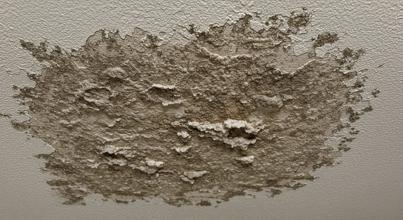 A close-up of a ceiling with visible mold patches, showcasing the texture and color variations of the mold. The image captures the severity of mold growth, emphasizing the need for remediation.