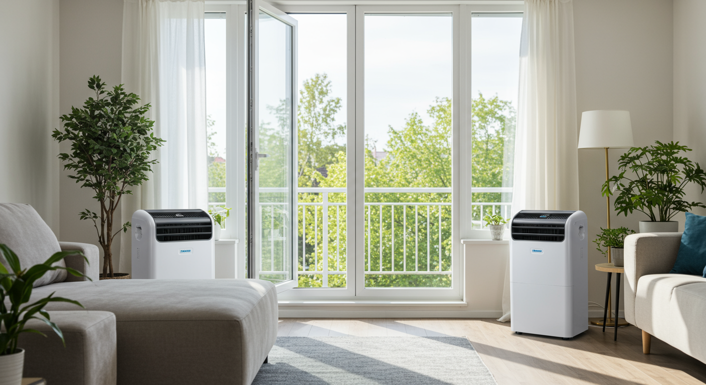 A bright and airy living room with open windows, showcasing dehumidifiers and plants that naturally reduce humidity. The atmosphere feels fresh and inviting, symbolizing a mold-free environment.