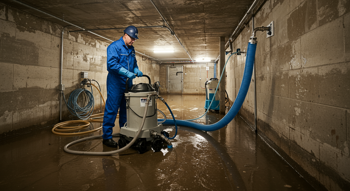 A professional water damage restoration technician using a high-powered water extraction machine in a flooded basement, with hoses and drying equipment visible around.