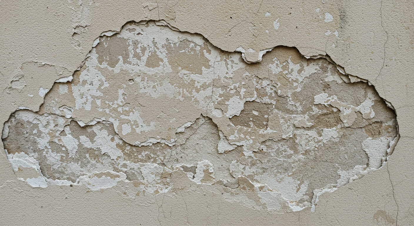 A close-up shot of a water-damaged wall with peeling paint and visible water stains. The image captures the texture of the damaged area, highlighting the severity of the issue.