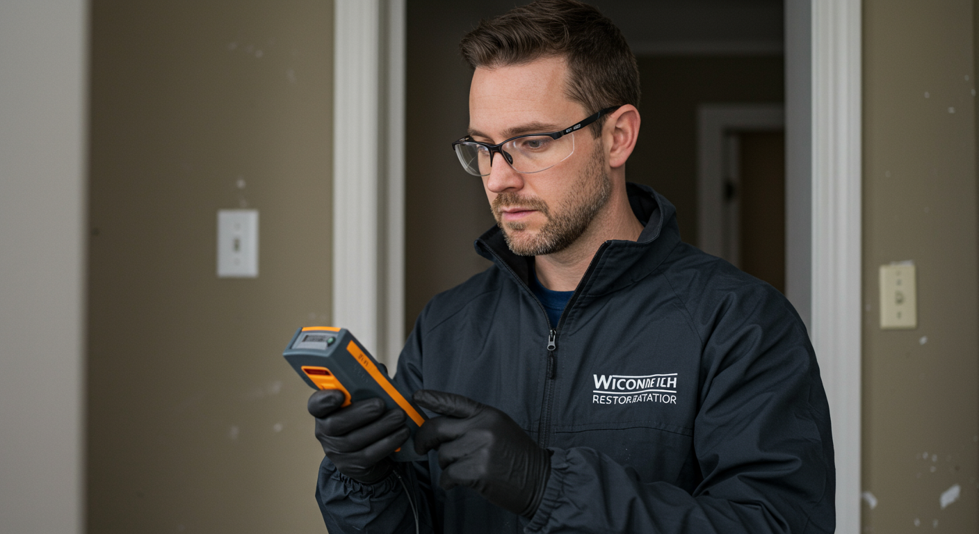 A professional restoration technician inspecting a home for water damage, using a moisture meter.