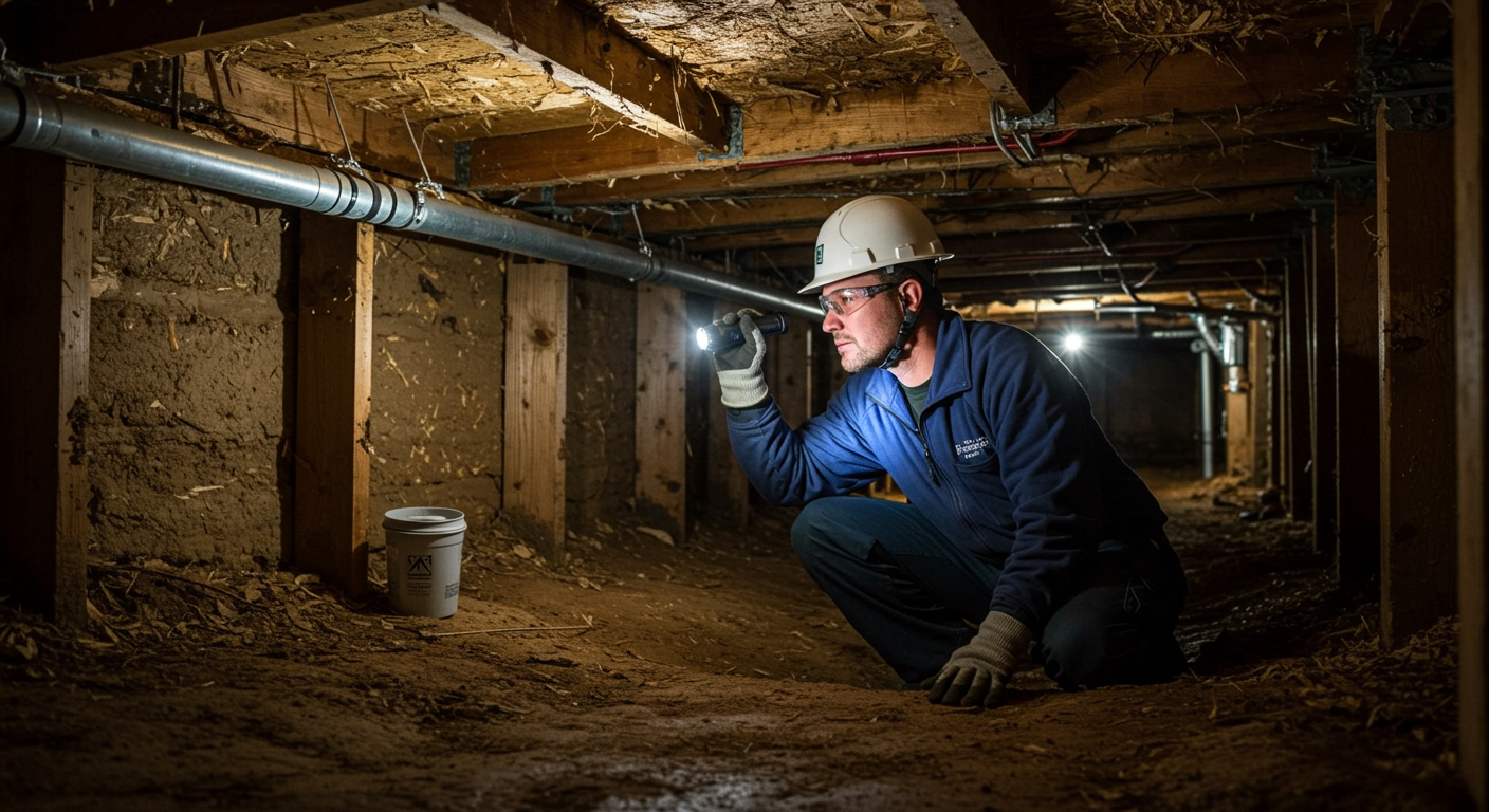 A professional technician inspecting a crawl space with a flashlight, showcasing the condition of the area. The technician is wearing safety gear, and the crawl space is dimly lit, highlighting potential issues like moisture or structural damage.