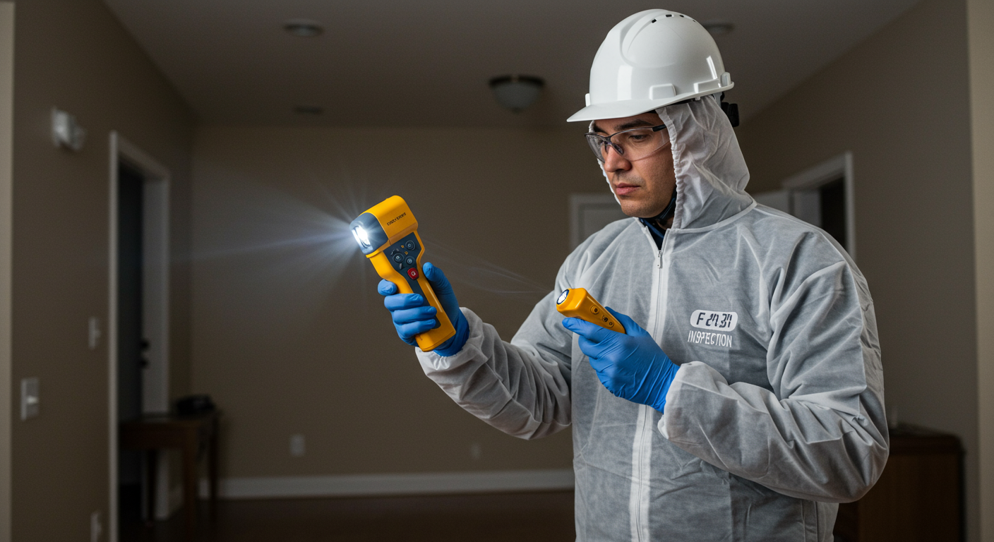 A technician inspecting a home for mold growth using a moisture meter and flashlight. The background shows a typical home environment, illustrating the inspection process.