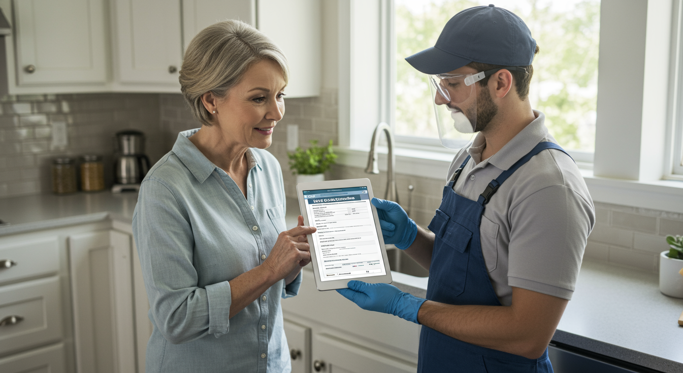 A homeowner discussing mold removal options with a specialist, reviewing a cost estimate on a tablet.