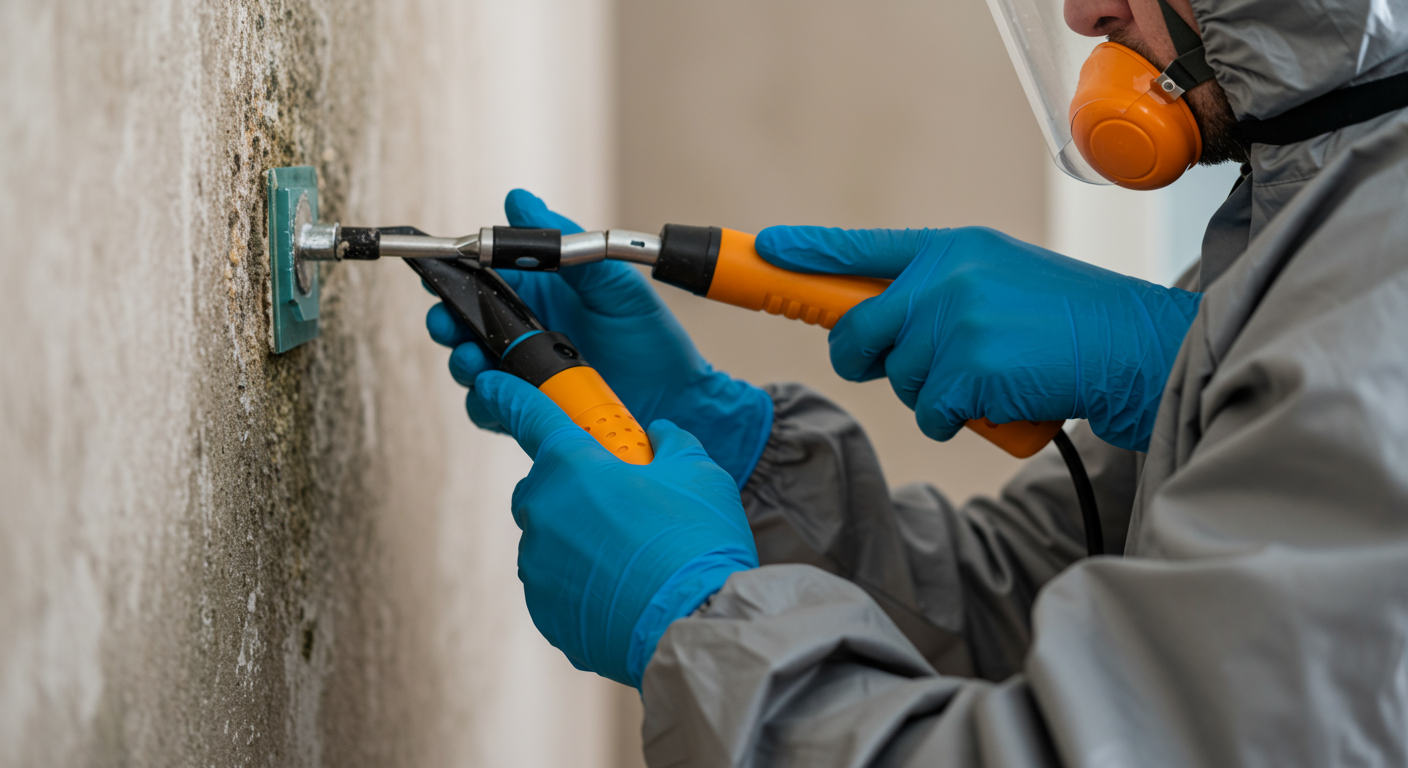 A close-up shot of a technician carefully removing mold from a wall, highlighting the tools and safety gear used.