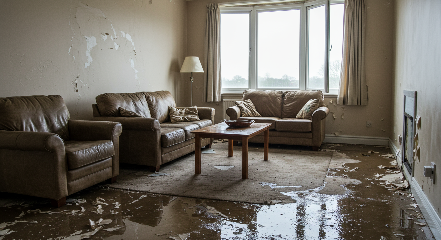 A living room with visible water damage, showcasing wet carpets, peeling paint, and furniture affected by water exposure.
