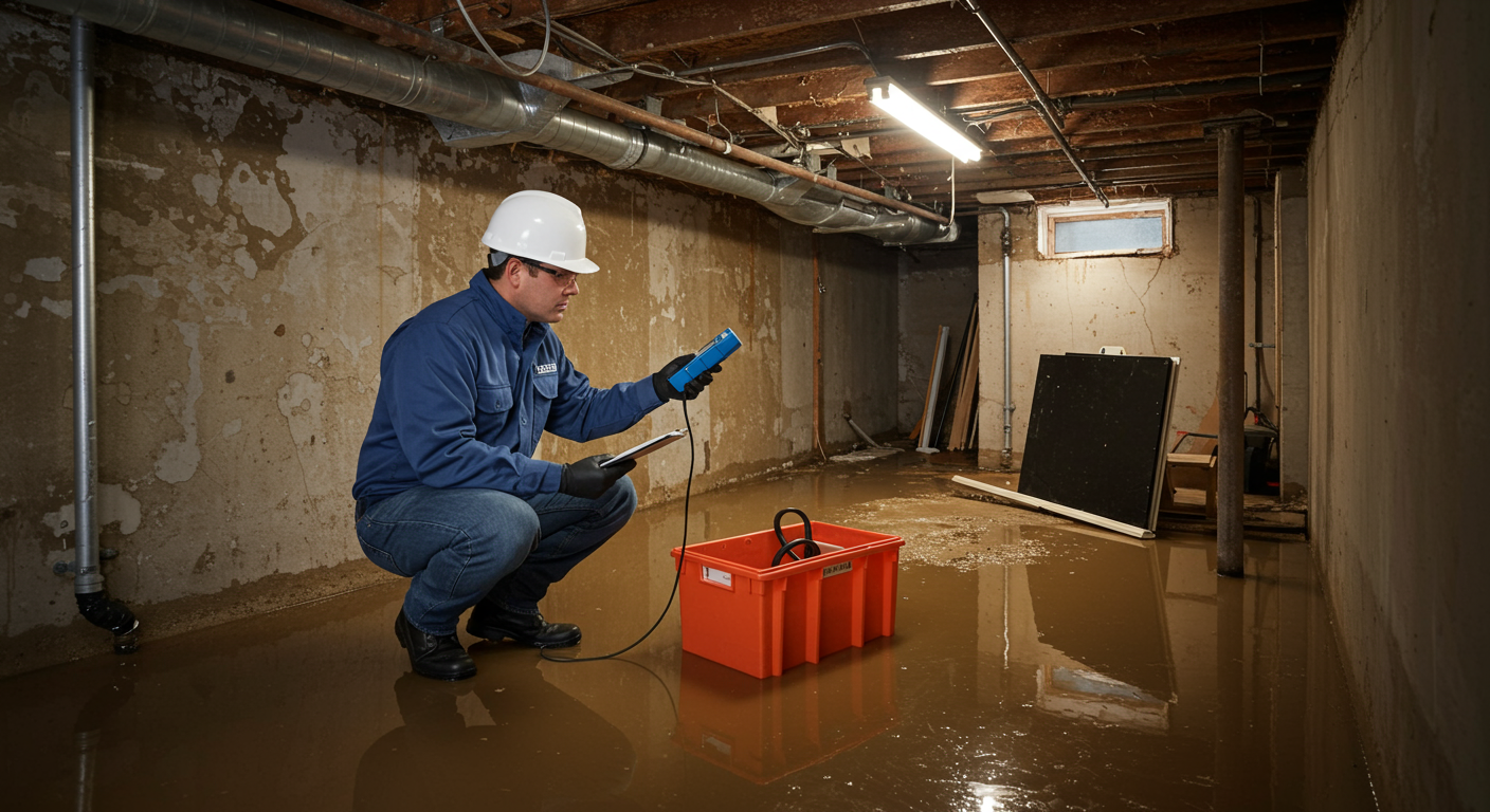 A professional inspecting a flooded basement, using a moisture meter to assess the damage. The setting includes visible water pooling and damaged items.