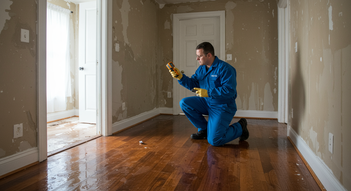 A professional restoration technician inspecting a home with visible water damage on the walls and flooring. The technician is using a moisture meter to assess the extent of the damage.