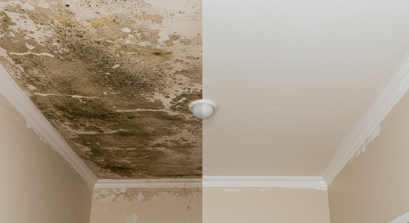 A split image showing a ceiling before and after mold treatment. The left side displays a heavily stained ceiling with mold, while the right side shows a clean, freshly painted ceiling, illustrating the effectiveness of treatment.