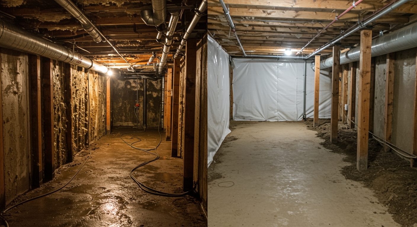 A before-and-after comparison of a crawl space, with one side showing a damp, moldy space and the other side encapsulated and dry.