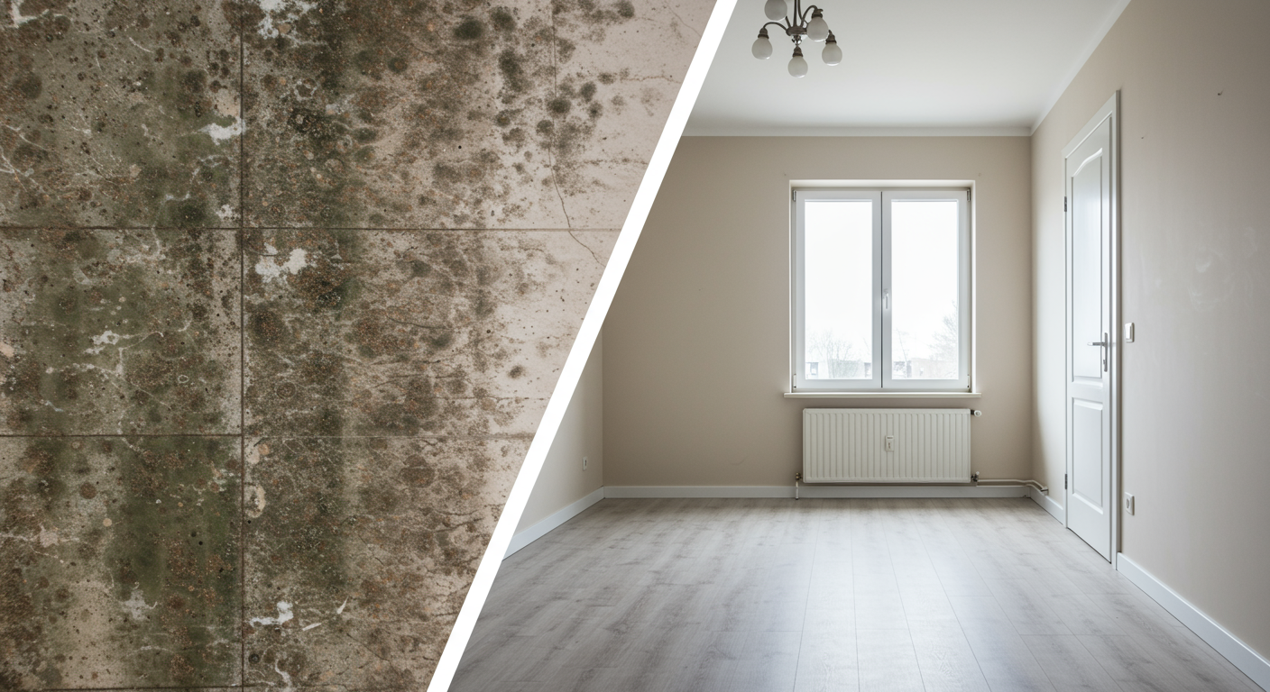 A split image showing a room before and after mold remediation, highlighting the transformation and effectiveness of professional services.