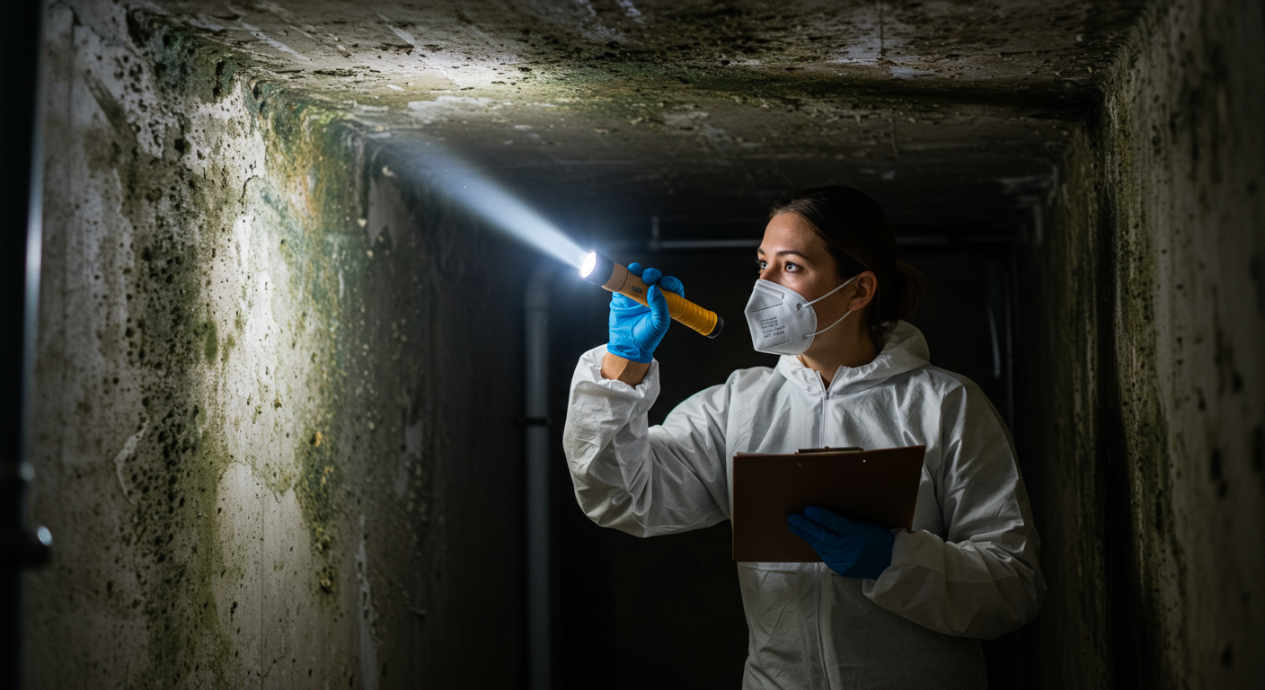 A professional mold inspector examining a residential basement with a flashlight, highlighting areas with visible mold growth on walls and ceilings.