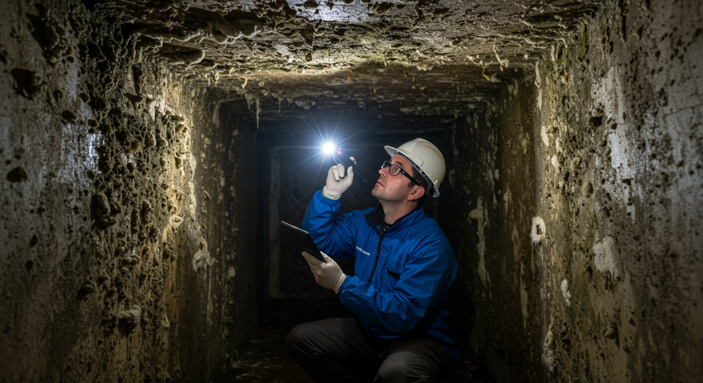 A professional wearing protective gear is inspecting a dark, damp crawl space with visible mold growth on the walls. The inspector is using a flashlight to highlight the mold, showcasing the seriousness of the issue.