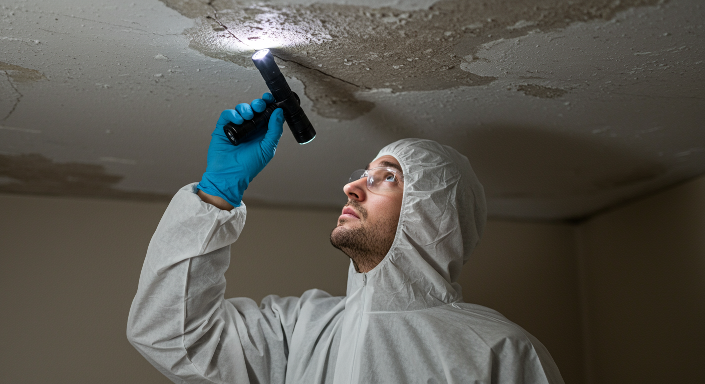 A professional wearing protective gear inspecting a ceiling for black mold with a flashlight.