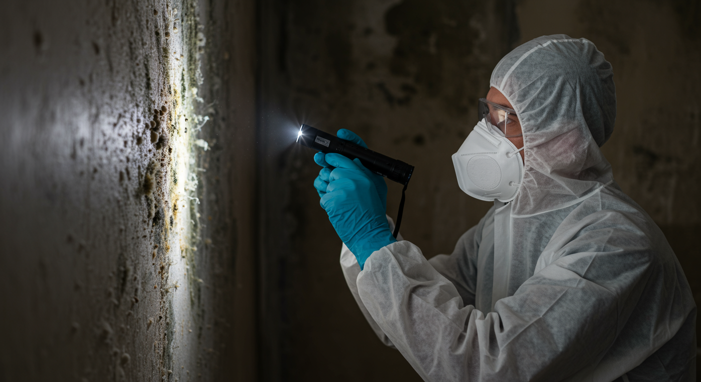 A professional mold remediation technician in protective gear inspecting a damp wall for mold growth. The technician is using a flashlight to illuminate the area, showcasing the seriousness of mold inspection.