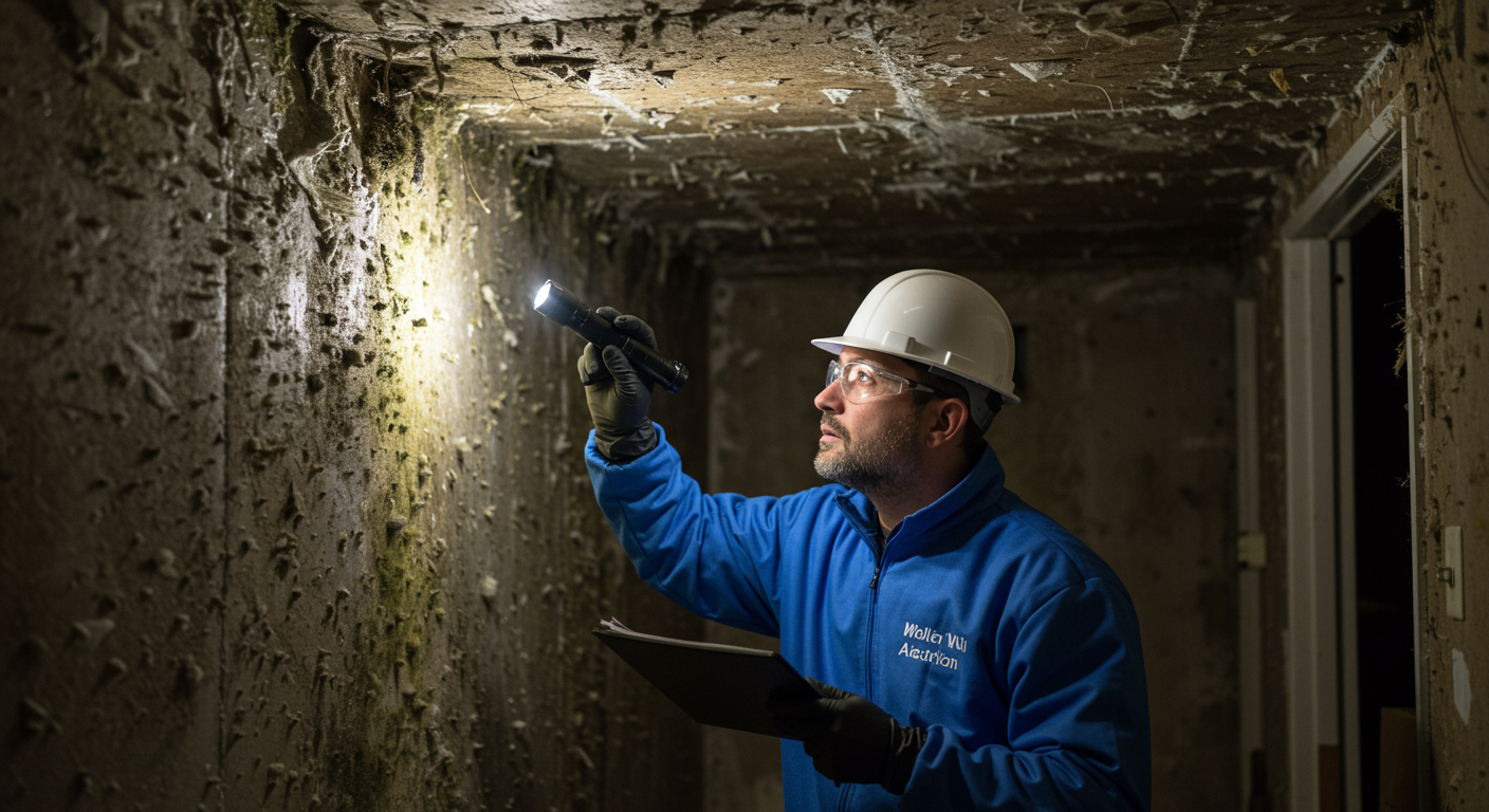 A professional mold inspector examining a residential basement with a flashlight, highlighting areas affected by mold. The inspector is wearing protective gear, emphasizing safety.