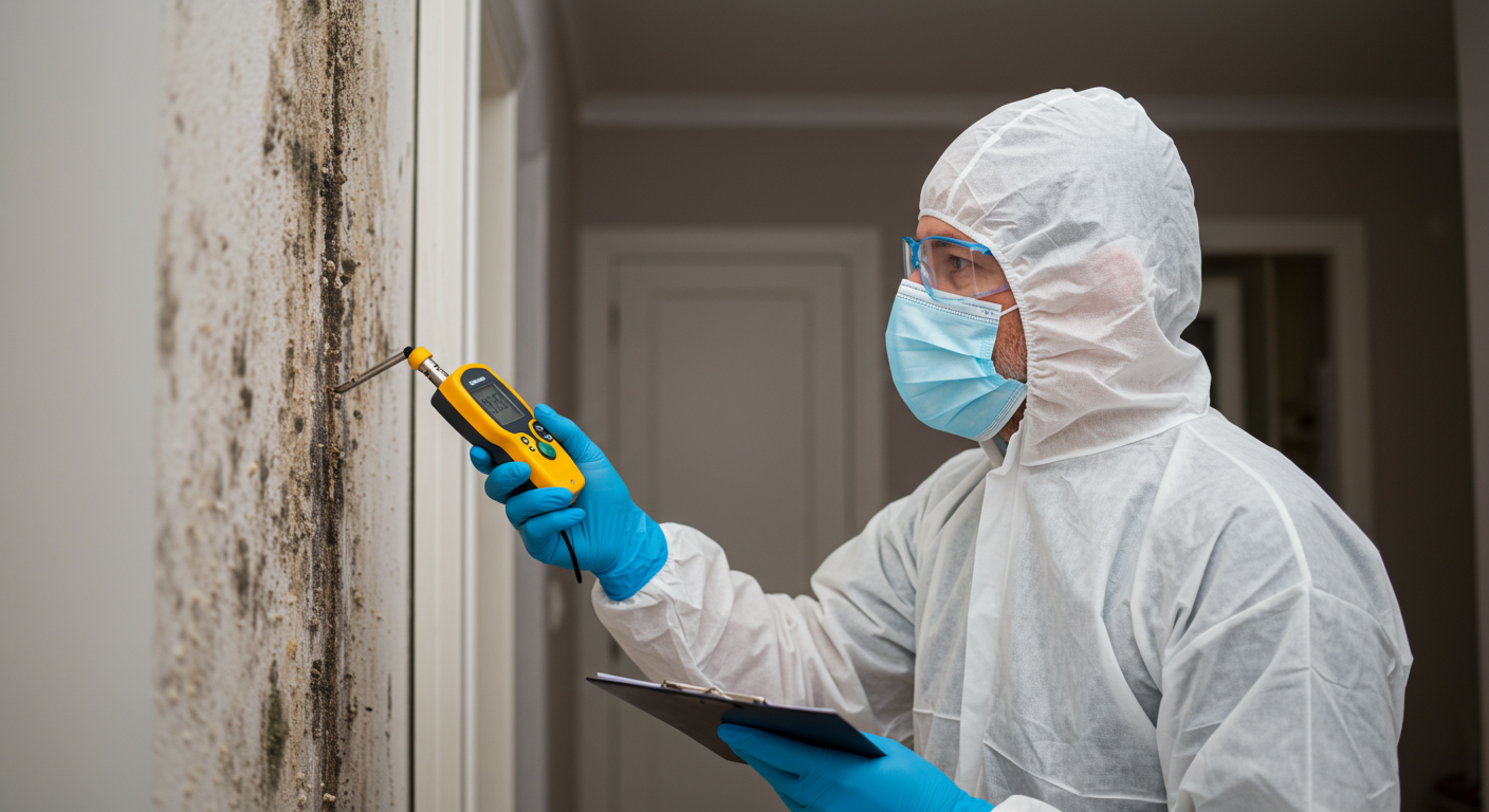 A professional mold inspector in protective gear examining a damp wall with a moisture meter in a residential setting.