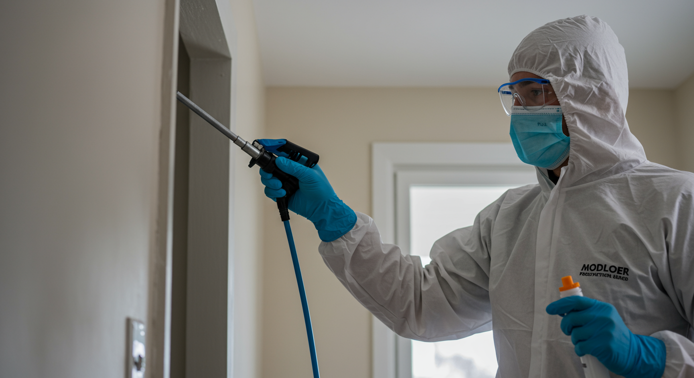 A technician applying a mold prevention treatment in a home, showcasing the application process with a focus on the technician's careful actions.