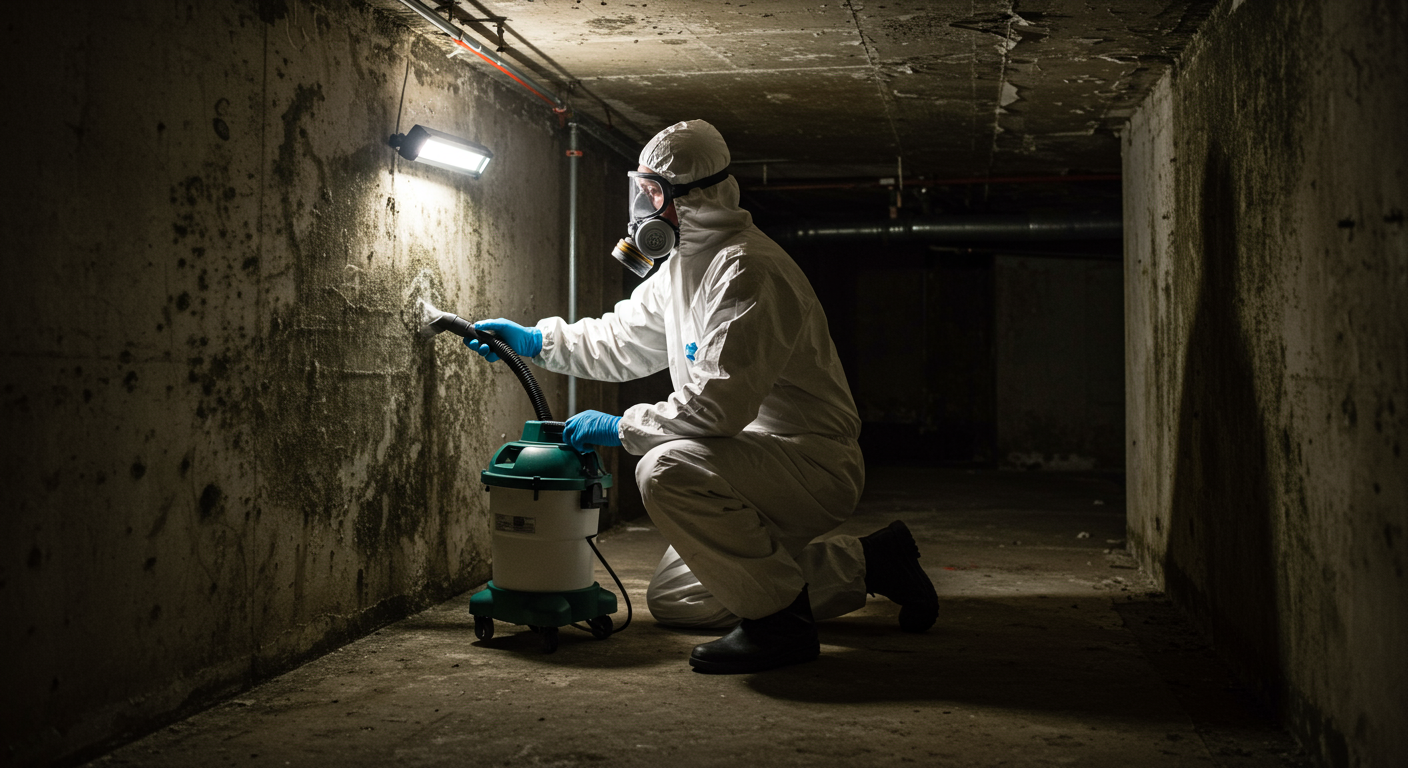 A technician in protective gear using specialized equipment to remove mold from a basement.